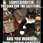 Ginger | YOUR IMAGINARY COWORKER LEAVES DISHES IN THE SINK FOR THE LAST TIME... AND YOU WONDER WHY I DRINK KAREN?? | image tagged in ginger | made w/ Imgflip meme maker