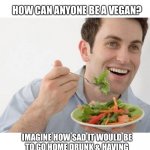 Vegan power | HOW CAN ANYONE BE A VEGAN? IMAGINE HOW SAD IT WOULD BE
TO GO HOME DRUNK & HAVING
TO EAT A SALAD. | image tagged in vegan,salad,sad,millennials,drunk,problems | made w/ Imgflip meme maker