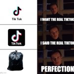 Tiktok is tiktoxic | I WANT THE REAL TIKTOK; I SAID THE REAL TIKTOK; PERFECTION | image tagged in i want the real,memes,reality,life,tiktok | made w/ Imgflip meme maker