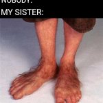HobbitFeet | NOBODY:; MY SISTER: | image tagged in hobbitfeet | made w/ Imgflip meme maker
