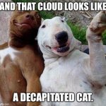 selfie dogs | AND THAT CLOUD LOOKS LIKE; A DECAPITATED CAT. | image tagged in selfie dogs | made w/ Imgflip meme maker