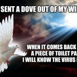 Sunbeam Dove Bird | I JUST SENT A DOVE OUT OF MY WINDOW; WHEN IT COMES BACK WITH A PIECE OF TOILET PAPER I WILL KNOW THE VIRUS IS OVER | image tagged in sunbeam dove bird | made w/ Imgflip meme maker