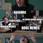 WHAT ARE THEY TEACHING IN THIS PLACE | WHAT KINDA MEMES DO YOU LIKE; HARAMBE; 10-HOUR ANIME MEMES; TROLLFACE; MINION MEMES; DOGE MEMES; GAAH WHADDA THEY TEACH IN THIS PLACE?!?!?!? | image tagged in what are they teaching in this place | made w/ Imgflip meme maker