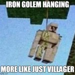 iron golem hanging | IRON GOLEM HANGING; MORE LIKE JUST VILLAGER | image tagged in iron golem hanging | made w/ Imgflip meme maker