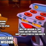 Oh Wisdom Oven | OH WISDOM OVEN WHAT WORDS DO YOU SPEAK; WELL, MY WISDOM IS THAT TOADS ARE NOT FROGS, AND DON'T STICK EITHER IN YOUR MOUTH; I UNDERSTAND THIS WISDOM | image tagged in wisdom oven,words of wisdom,wisdom,the brave little toaster,wisdom oven has wisdom | made w/ Imgflip meme maker