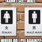 WTF BATHROOM?! | AAHH I SEE....WAIT; WHERE DO I PEE AGAIN?? | image tagged in bathroom troubles,funny,bathroom,memes,female,male | made w/ Imgflip meme maker