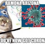 cat wizard | RAMONA ARIZONA, YOU'VE NOW GOT CORONA | image tagged in cat wizard | made w/ Imgflip meme maker