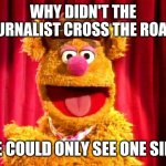 Wokka wokka wokka! | WHY DIDN'T THE JOURNALIST CROSS THE ROAD? HE COULD ONLY SEE ONE SIDE | image tagged in fozzie bear joke,memes,fun | made w/ Imgflip meme maker