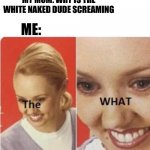 the what? | MY MOM: WHY IS THE WHITE NAKED DUDE SCREAMING; ME: | image tagged in the what | made w/ Imgflip meme maker