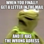 Kermit Weird Face | WHEN YOU FINALLY GET A LETTER IN THE MAIL; AND IT HAS THE WRONG ADRESS | image tagged in kermit weird face | made w/ Imgflip meme maker