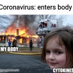 House burning | Coronavirus: enters body; MY BODY; CYTOKINES; @greeneggsandpropofol | image tagged in house burning,memes,covid-19,healthcare | made w/ Imgflip meme maker