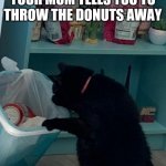 Trash cat | 5 MINUTES AFTER YOUR MOM TELLS YOU TO THROW THE DONUTS AWAY | image tagged in trash cat | made w/ Imgflip meme maker