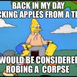 Trees are living things doesn’t that means vegans are eating a trees corpse | BACK IN MY DAY PICKING APPLES FROM A TREE; WOULD BE CONSIDERED ROBING A  CORPSE | image tagged in grandpa simpson lemon tree,funny,memes,funny memes,trees,best memes | made w/ Imgflip meme maker