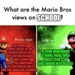 mario bros views | SCHOOL; YOU SHOULD ALWAYS LISTEN TO THE TEACHER EVEN IF YOU DON'T LIKE HER BECAUSE SHE WILL ALWAYS TEACH YOU SOMETHING IN A PARTICULAR WAY AND YOU SHOULD BE THANKFUL; IF YOUR HOMEWORK IS MORE THAN THREE PAGES, TEAR IT UP AND THROW INTO BLAZES | image tagged in mario bros views | made w/ Imgflip meme maker