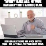 Harold | TWENTY YEARS AGO, MY WIFE RAN AWAY WITH A HINDU MAN. HE PROBABLY TREATS HER MUCH BETTER THAN I DID.  AFTER ALL, THEY WORSHIP COWS. | image tagged in harold | made w/ Imgflip meme maker