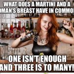 Bartender riddle | WHAT DOES A MARTINI AND A WOMAN’S BREAST HAVE IN COMMON? ONE ISN’T ENOUGH AND THREE IS TO MANY! | image tagged in inquisitive bartender,riddle,bartender,martini,breasts | made w/ Imgflip meme maker