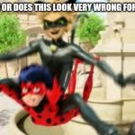 Cat noir jumping on ladybug | IS IT JUST ME OR DOES THIS LOOK VERY WRONG FOR  KIDS SHOW | image tagged in cat noir jumping on ladybug | made w/ Imgflip meme maker