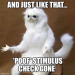 Cat poof | AND JUST LIKE THAT... *POOF* STIMULUS CHECK GONE | image tagged in cat poof | made w/ Imgflip meme maker