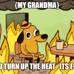Dog on fire | {MY GRANDMA}; CAN YOU TURN UP THE HEAT   ITS FREEZING | image tagged in dog on fire | made w/ Imgflip meme maker