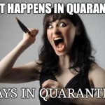 Angry Woman With Knife | WHAT HAPPENS IN QUARANTINE; STAYS IN QUARANTINE | image tagged in angry woman with knife | made w/ Imgflip meme maker