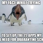 Angry Penguin | MY FACE WHILE TRYING; TO SET UP THE 22 APPS MY KIDS NEED FOR QUARANTINE SCHOOL | image tagged in angry penguin | made w/ Imgflip meme maker