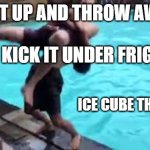 WE'VE ALL Done this | PICK IT UP AND THROW AWAY; KICK IT UNDER FRIG; ICE CUBE THAT FELL | image tagged in no good can come of this,lazy,ice cube | made w/ Imgflip meme maker