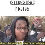 I'm about to end this mans whole career | MEMES:; SLEEP: EXISTS | image tagged in i'm about to end this mans whole career | made w/ Imgflip meme maker