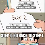 steven's rule book | TREAT YOUR WIFE WELL BECAUSE THE WIFE IS ALWAYS RIGHT; SLAP YOURSELF IF YOU DON'T BELIEVE IN MARRIAGE; STEP 3: GO BACK TO STEP 1. SURVIVE MARRIAGE | image tagged in steven's rule book | made w/ Imgflip meme maker