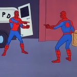 Two Spidermen pointing at each other meme