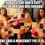 Halloween Costume? XD | I ASKED IF SHE HAD A SEXY PIC OF HER AND HER FRIENDS; SHE SAID A MINECRAFT PIC IT IS. | image tagged in halloween costume xd | made w/ Imgflip meme maker