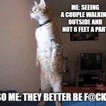 Standing cat | ME: SEEING A COUPLE WALKING OUTSIDE AND NOT 6 FEET A PART; ALSO ME: THEY BETTER BE F@CKIN'! | image tagged in standing cat | made w/ Imgflip meme maker