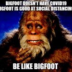 Bigfoot2 | BIGFOOT DOESN'T HAVE COVID19
BIGFOOT IS GOOD AT SOCIAL DISTANCING; BE LIKE BIGFOOT | image tagged in bigfoot2 | made w/ Imgflip meme maker