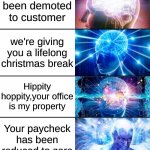 8-Tier Expanding Brain | You're fired; We're going to have to let you go; You have been demoted to customer; we're giving you a lifelong christmas break; Hippity hoppity,your office is my property; Your paycheck has been reduced to zero; employeet; jobn't | image tagged in 8-tier expanding brain | made w/ Imgflip meme maker