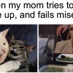 Cat yelling at woman | Me when my mom tries to beat me up, and fails miserably | image tagged in cat yelling at woman | made w/ Imgflip meme maker