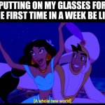 People with glasses might understand | PUTTING ON MY GLASSES FOR THE FIRST TIME IN A WEEK BE LIKE; [A whole new world] | image tagged in a whole new world,glasses | made w/ Imgflip meme maker