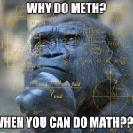 Thinking Math Ape | WHY DO METH? WHEN YOU CAN DO MATH??? | image tagged in thinking math ape | made w/ Imgflip meme maker