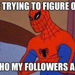 Seriously, is there a way to tell who’s following me? | ME TRYING TO FIGURE OUT; WHO MY FOLLOWERS ARE | image tagged in you're horrible spider-man,spiderman,funny,memes,imgflip,followers | made w/ Imgflip meme maker