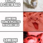 Crying cats | SOMEONE USING A CLOTH BAG; SOMEONE USING A PLASTIC REUSABLE BAG; SOMEONE USING A PLASTIC BAG | image tagged in crying cats | made w/ Imgflip meme maker
