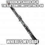 Oboe squeak squeak | I THROW MY HANDS UP IN THE AIR SOMETIMES SAYING A-OH; WHERE'S MY OBOE | image tagged in oboe squeak squeak | made w/ Imgflip meme maker