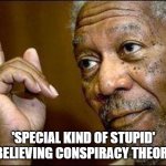 He's Right You Know | 'SPECIAL KIND OF STUPID' IS BELIEVING CONSPIRACY THEORIES | image tagged in he's right you know | made w/ Imgflip meme maker