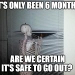 Waiting Skeleton | IT'S ONLY BEEN 6 MONTHS ARE WE CERTAIN IT'S SAFE TO GO OUT? | image tagged in waiting skeleton | made w/ Imgflip meme maker