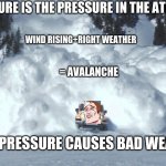 Avalanche | AIR PRESSURE IS THE PRESSURE IN THE ATMOSPHERE; WIND RISING+RIGHT WEATHER; = AVALANCHE; LOW AIR PRESSURE CAUSES BAD WEATHER | image tagged in avalanche | made w/ Imgflip meme maker