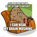 Couch Potato | CELEBRATING THE END OF MY 19 YEAR TV BOYCOTT; I CAN HEAR MY BRAIN MUSHING | image tagged in couch potato | made w/ Imgflip meme maker
