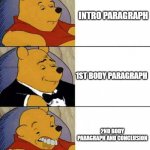 Good Better Worse | INTRO PARAGRAPH; 1ST BODY PARAGRAPH; 2ND BODY PARAGRAPH AND CONCLUSION | image tagged in good better worse | made w/ Imgflip meme maker