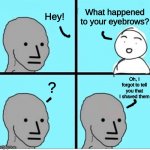NPC 4 Panel | What happened to your eyebrows? Hey! ? Oh, I forgot to tell you that I shaved them | image tagged in npc 4 panel | made w/ Imgflip meme maker