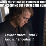 I want more and I know I shouldn't | WHEN YOU'VE HAD 35 POUNDS OF FOOD AT THANKSGIVING BUT YOU'RE STILL HUNGRY | image tagged in i want more and i know i shouldn't,thanksgiving | made w/ Imgflip meme maker