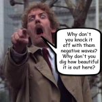 Let's see who gets this. :) | Why don't you knock it off with them negative waves? Why don't you dig how beautiful it is out here? | image tagged in invasion of the body snatchers donald sutherland,memes,kelly's heroes | made w/ Imgflip meme maker