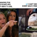 Women yelling at different cat | 🎶I CAN'T SEE YOU EVERY NIGHT, FREEEEEEE🎶; STOP MAKING FUN OF WES SCANTLIN'S COVER OF ABOUT A GIRL | image tagged in women yelling at different cat | made w/ Imgflip meme maker