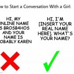 How to Start a Conversation with a Girl | HI, I'M [INSERT YOUR REAL NAME HERE]. WHAT'S YOUR NAME? HI, MY ONLINE NAME IS BROSB4HOS AND YOUR NAME IS PROBABLY KAREN | image tagged in how to start a conversation with a girl | made w/ Imgflip meme maker