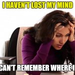 stressed woman | I HAVEN'T LOST MY MIND; I JUST CAN'T REMEMBER WHERE I LEFT IT | image tagged in stressed woman | made w/ Imgflip meme maker
